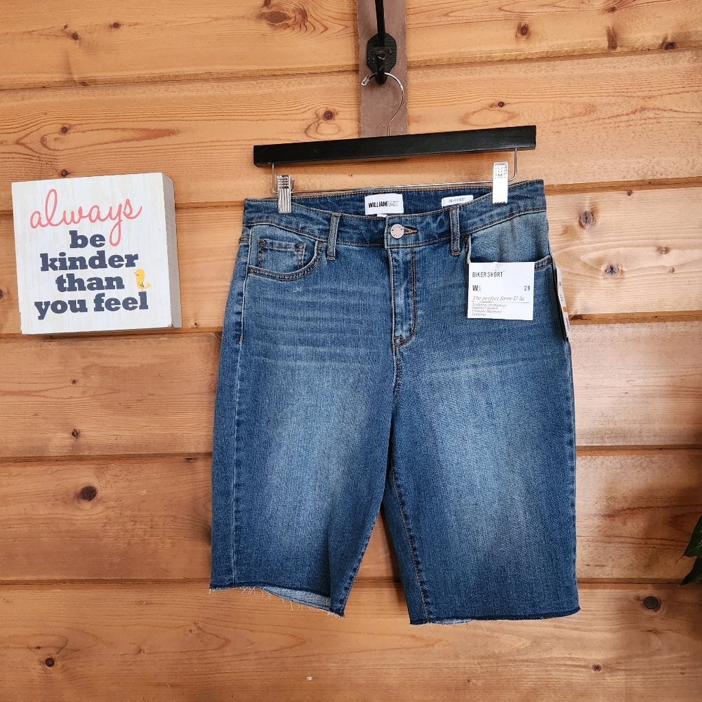 William Rast NWT High Rise Biker Short Bermuda Blue Denim Stretch Lifting Sz 29